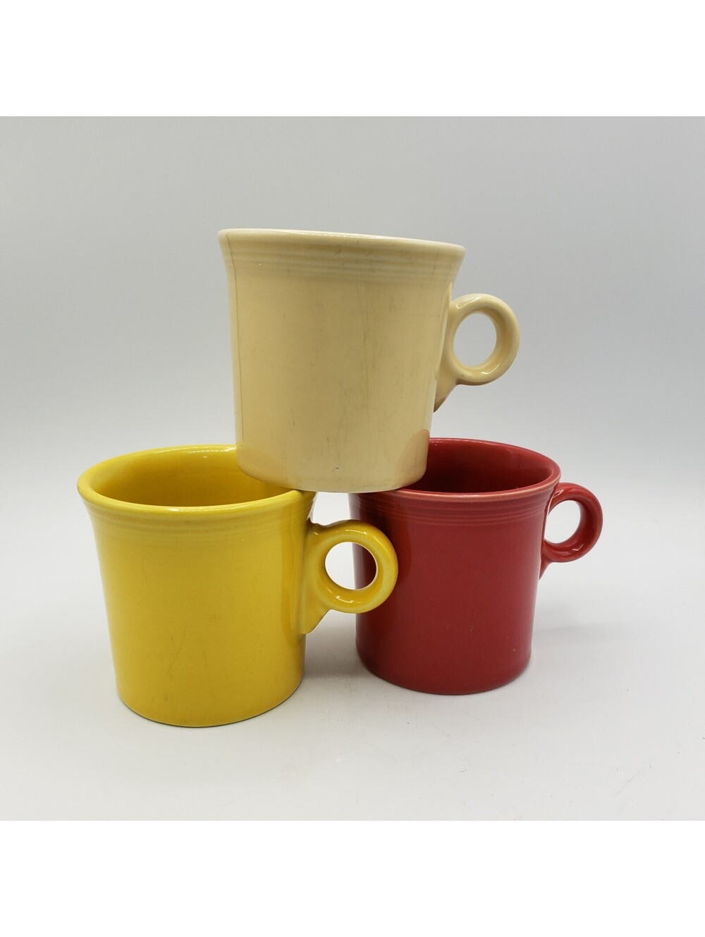 3 Fiesta HLC Coffee Mugs O Ring Ivory Yellow Red  Fiestaware Cup Tea